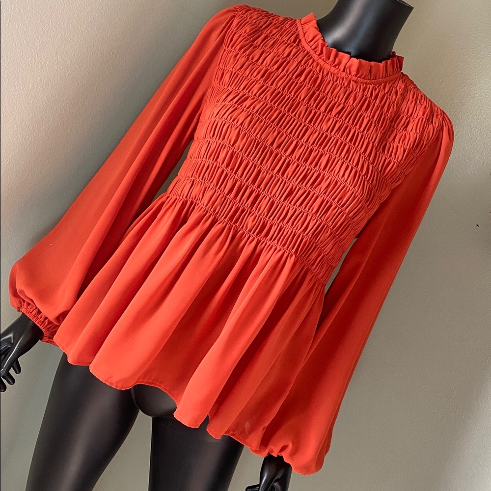 JODIFL Vibrant Orange Smocked Blouse